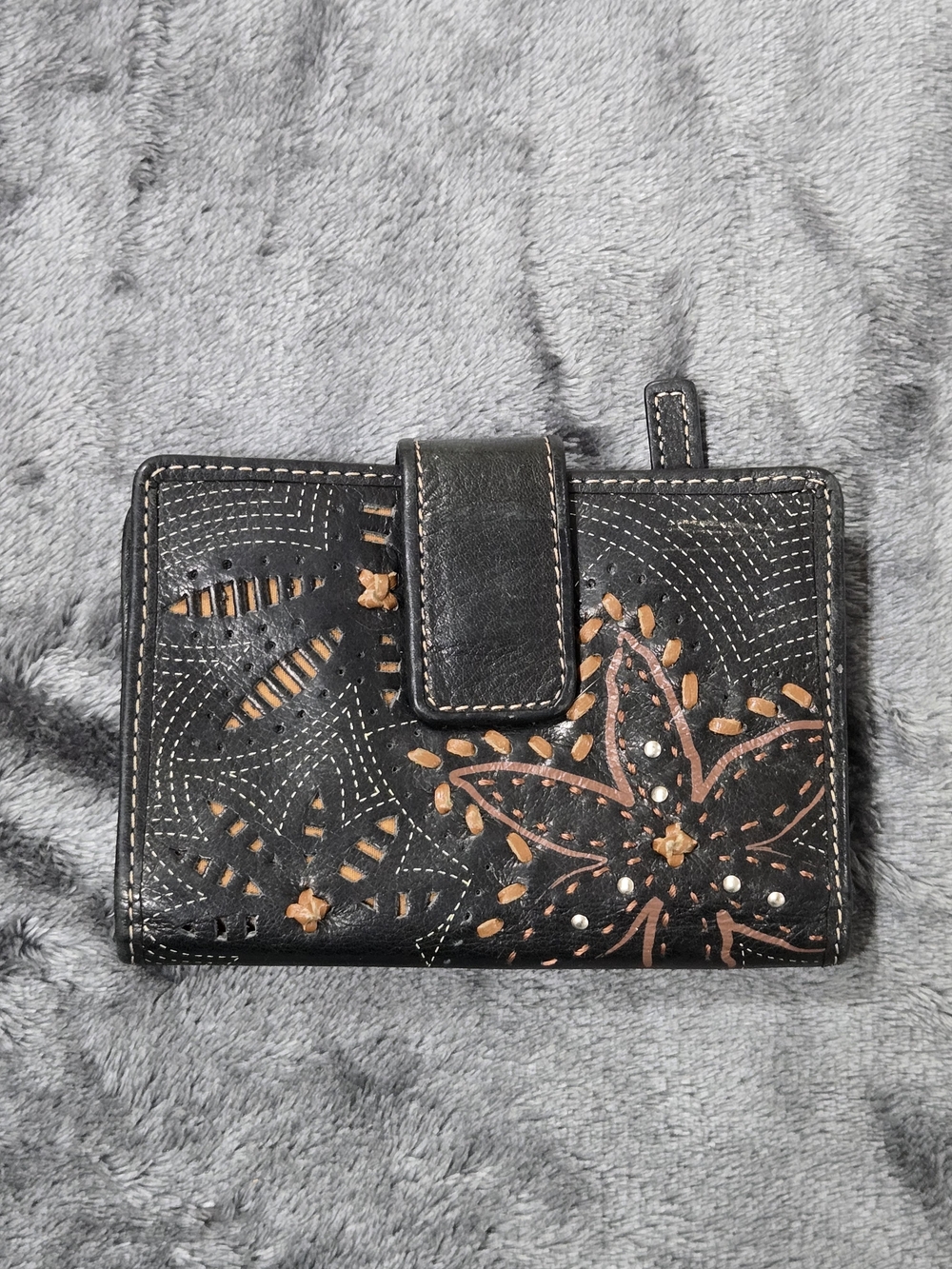 Black Floral Embossed Leather Wallet - Women's